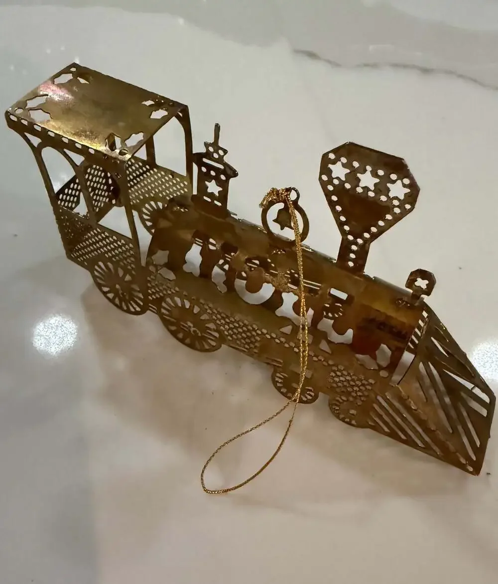 Vintage 1983 Gold-Tone Brass Filigree Train Locomotive Christmas Ornament